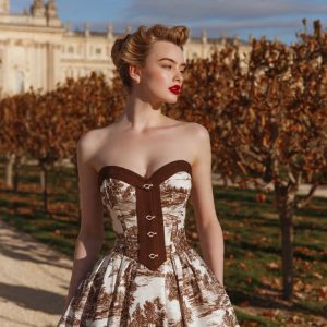 Robe Bustier Joséphine – Toile de Jouy Brun